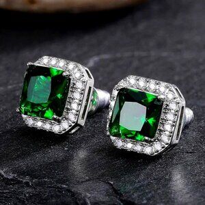 🆕 Green 2.50 Carat Halo Diamond Earring Studs, 18K White Gold Hypoallergenic 🆕
